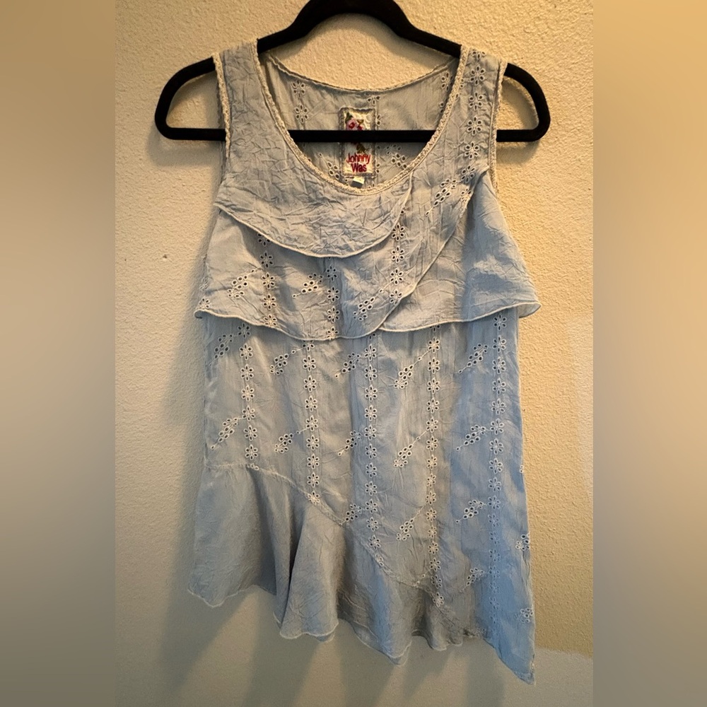 Johnny Was flowy blue grey sleeveless blouse size xs